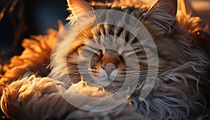 Cute kitten sleeping, fur softness, nature beauty in one animal generated by AI