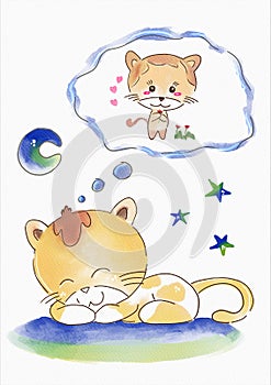 a cute kitten is sleeping while having a sweet dream of meeting his smiling mother or lover.