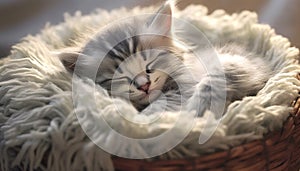 Cute kitten sleeping, surrounded by softness and fluffy fur generated by AI