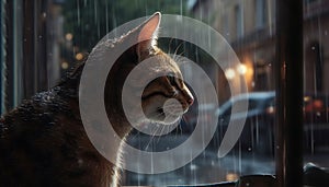 Cute kitten staring through wet window, nature beauty reflected generated by AI