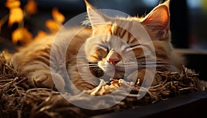 A cute kitten with striped fur, sleeping on grass, peacefully generated by AI