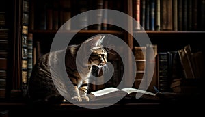 Cute kitten studying literature on bookshelf indoors generated by AI