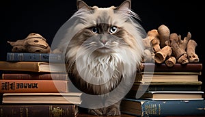 Cute kitten studying literature, surrounded by books in library generated by AI