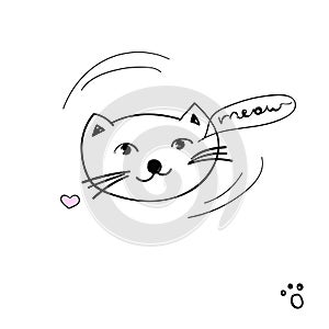 Cute kitten with text - Meow. Vector fashion cartoon cat illustration and lettering on a white backround.