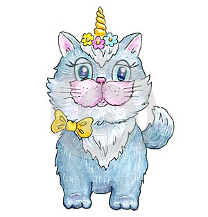Cute kitten unicorn with golden horn and flowers wreath. Cat clipart. Celebratory children`s card with kitty caticorn