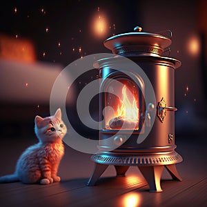 A cute kitten watching fire burning digital art