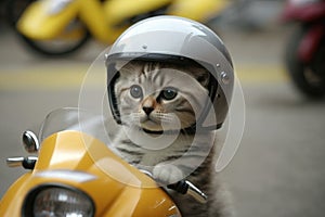 Cute kitten wearing a motorcycle helmet on the streets of the city Generative AI