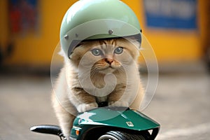 Cute kitten wearing a motorcycle helmet on the streets of the city Generative AI