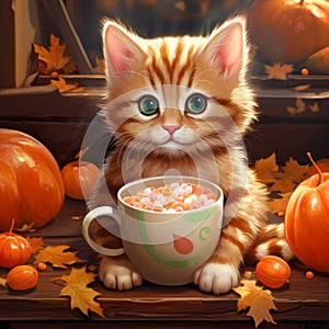 Cute kitten wearing sweaters with cup of hot chocolate with marshmallows