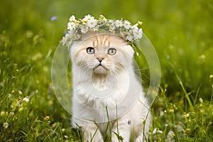 Cute kitten wearing a wreath of daisies on the green grass