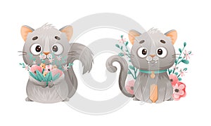 Cute kitten with wildflowers set. Lovey grey cat pet animal cartoon vector illustration