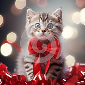 Cute Kitten Wrapped in Red Christmas Bow