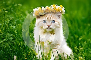Cute kitten with wreath of daffodils on green grass