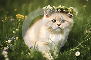 Cute kitten with wreath of daisies on green grass