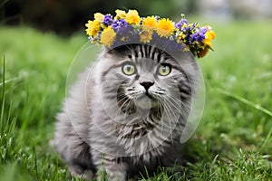 Cute kitten with a wreath of dandelions on the green grass