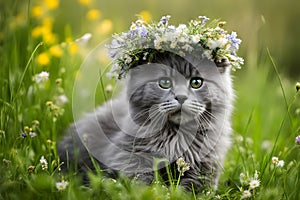 Cute kitten with wreath of flowers on the green grass.