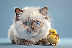 cute kitten and yellow chick, isolated on blue background