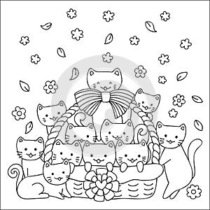 Cute kittens in the basket design for printed tee,cards,invitations and coloring book page for kids. Vector illustration