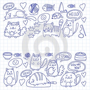 Cute kittens Cat icons Kids drawing Children drawing Doodle domestic cats for veterinary, cattery, zoo, kindergarten