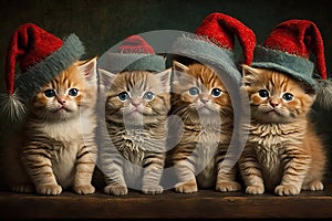 cute kittens in christmas gnome hats. Christmas holiday concept and greeting card