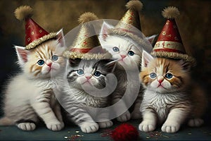 cute kittens in christmas gnome hats. Christmas holiday concept and greeting card