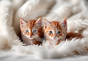 Cute kittens in fluffy white towels.