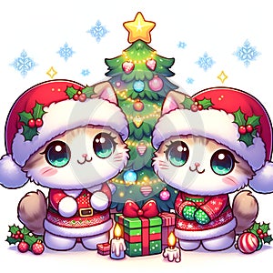 The cute kittens in a holiday costums with christmas tree, snowflakes, white background, cartoon, fantasy art photo