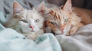 Cute kittens in love sleeping on soft knitted blanket. Feline love and friendship, generative ai tools