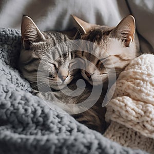 Cute kittens in love sleeping on soft knitted blanket. Feline love and friendship, generative ai tools