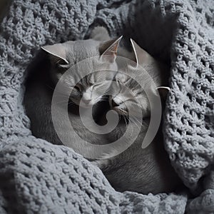 Cute kittens in love sleeping on soft knitted blanket. Feline love and friendship, generative ai tools