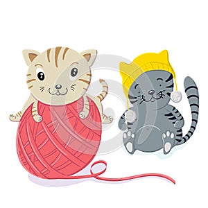 Cute kittens play with a woolen ball in the style