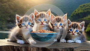 Cute kittens posing above the milk bowl