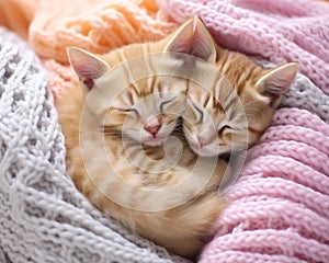 Cute kittens are sleeping on a knitted blanket.