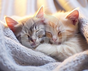 Cute kittens are sleeping on a knitted blanket.