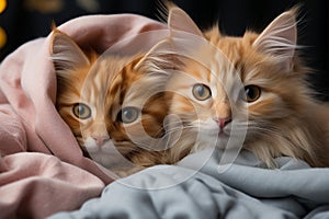 Cute kittens snuggle in blanket fort, forming a delightful cuddly cluster