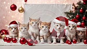 Cute kittens wearing Santa Claus red hat. Merry Christmas and Happy New Year decoration around. Generative AI