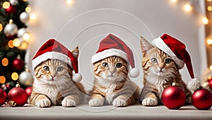 Cute kittens wearing Santa Claus red hat. Merry Christmas and Happy New Year decoration around. Generative AI