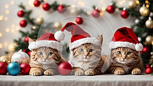 Cute kittens wearing Santa Claus red hat. Merry Christmas and Happy New Year decoration around. Generative AI