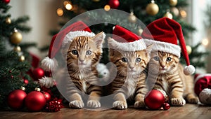 Cute kittens wearing Santa Claus red hat under the Christmas tree. Generative AI