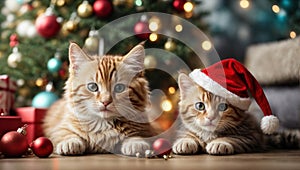 Cute kittens wearing Santa Claus red hat under the Christmas tree. Merry Christmas and Happy New Year decoration around