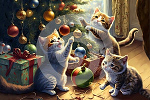 Cute kitties playing with christmas baubles in festive room. Merry Christmas concept. Adorable funny kitten.