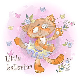 Cute kitty ballerina dancing. Little ballerina. Inscription. Watercolor. Vector