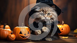Cute kitty, cat in costume on Halloween, little pet with pumpkins
