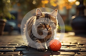 cute kitty cat playing with ball outdoor