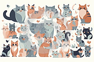 Cute kitty cat vector illustration set with different cat breeds