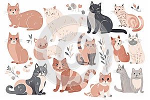 Cute kitty cat vector illustration set with different cat breeds