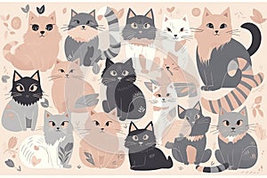 Cute kitty cat vector illustration set with different cat breeds
