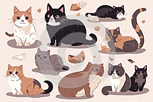 Cute kitty cat vector illustration set with different cat breeds