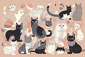 Cute kitty cat vector illustration set with different cat breeds