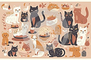 Cute kitty cat vector illustration set with different cat breeds